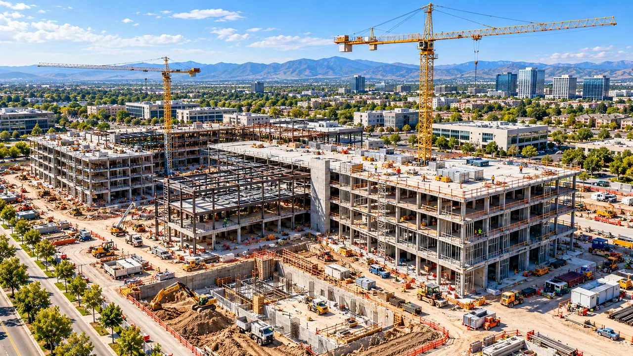 Aerial view of a commercial construction site with tower cranes, structural framing and excavation
