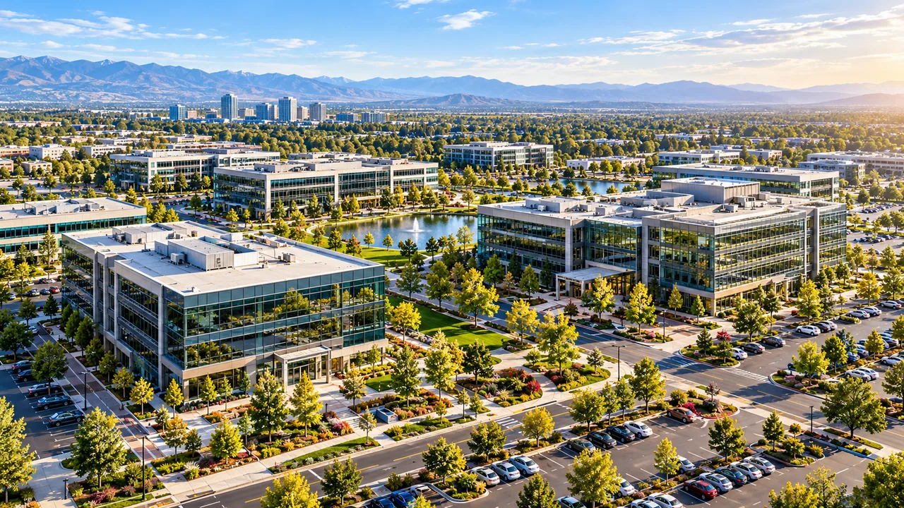 Aerial view of a commercial office campus with several buildings, landscaping and parking