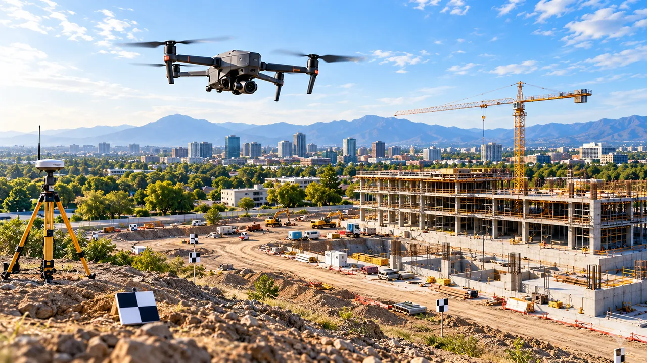 Survey drone in flight above a construction site, with a GNSS base station on a tripod and ground-control targets in the foreground